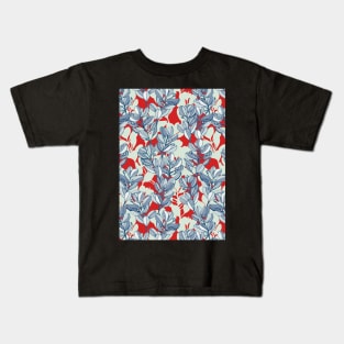 Leaf and Berry Sketch Pattern in Red and Blue Kids T-Shirt